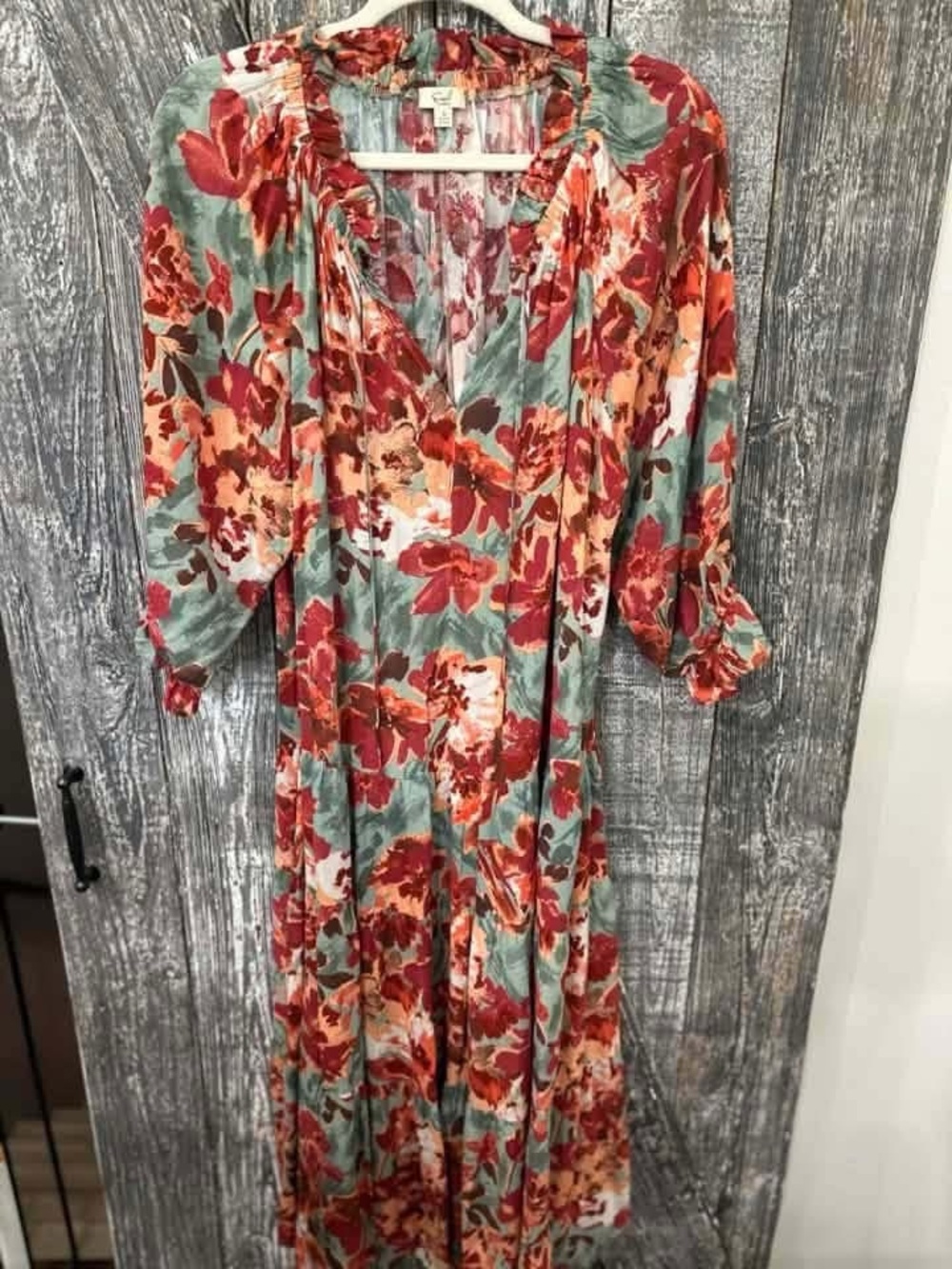 Easel V-Neck Maxi Dress in Sage and Red